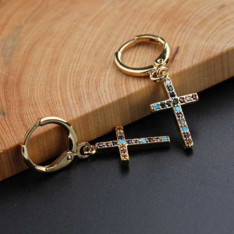 New Arrival High Quality Fashion Gold Plated Zircon Jewelry Cross Earrings Leverback Crucifix Hoop Drop Earing Pendant For Women
