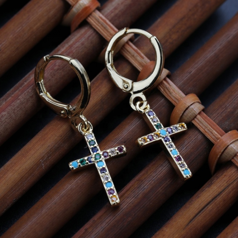 New Arrival High Quality Fashion Gold Plated Zircon Jewelry Cross Earrings Leverback Crucifix Hoop Drop Earing Pendant For Women