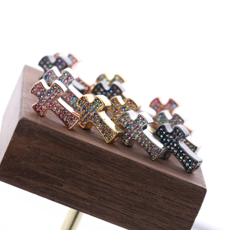 Multi Colors CZ Zircon Micro Pave Cross Beads Bracelet Charm for Men and Women