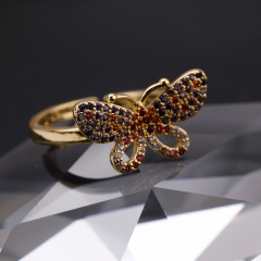 Womens Resizable Gold Plated Multicolor Zircon CZ Micro Pave Copper Butterfly Ring Jewelry