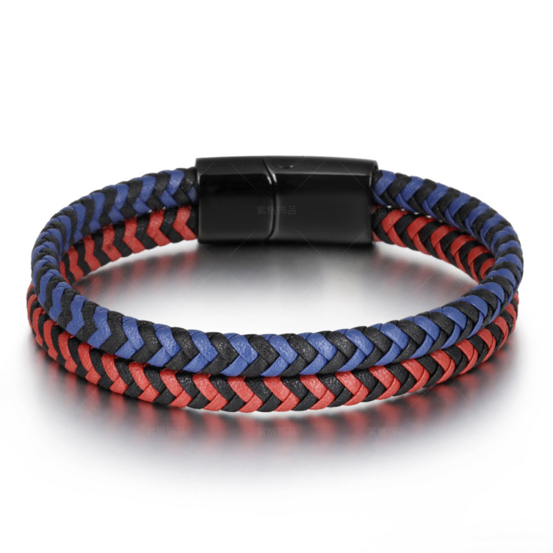 Cool Design Classic Men Gun Metal Plated Colorful High Quality Real Leather Bracelet