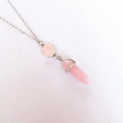 Women Jewelry Pink Natural Stone Bullet Hexagonal Quartz Crystal Necklace