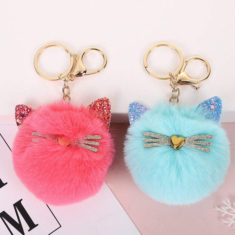 wholesale Fur Puff  Key holder Ball Shape green Pom pom kids Silver frenchie  anime cat Keychain
