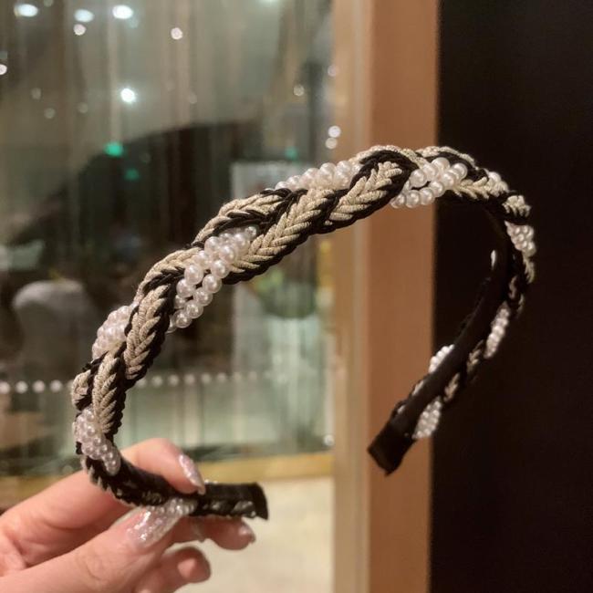 2021 Wholesale creative headbands decoration making accessories non slip twist braid string pearl hairbands for women girl