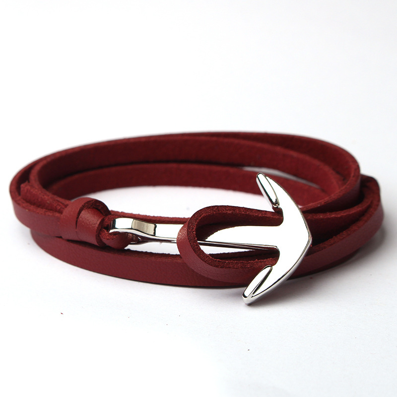2021 Low MOQ Fashion Design Silver Metal Anchor Colorful Leather Bracelet for Sale