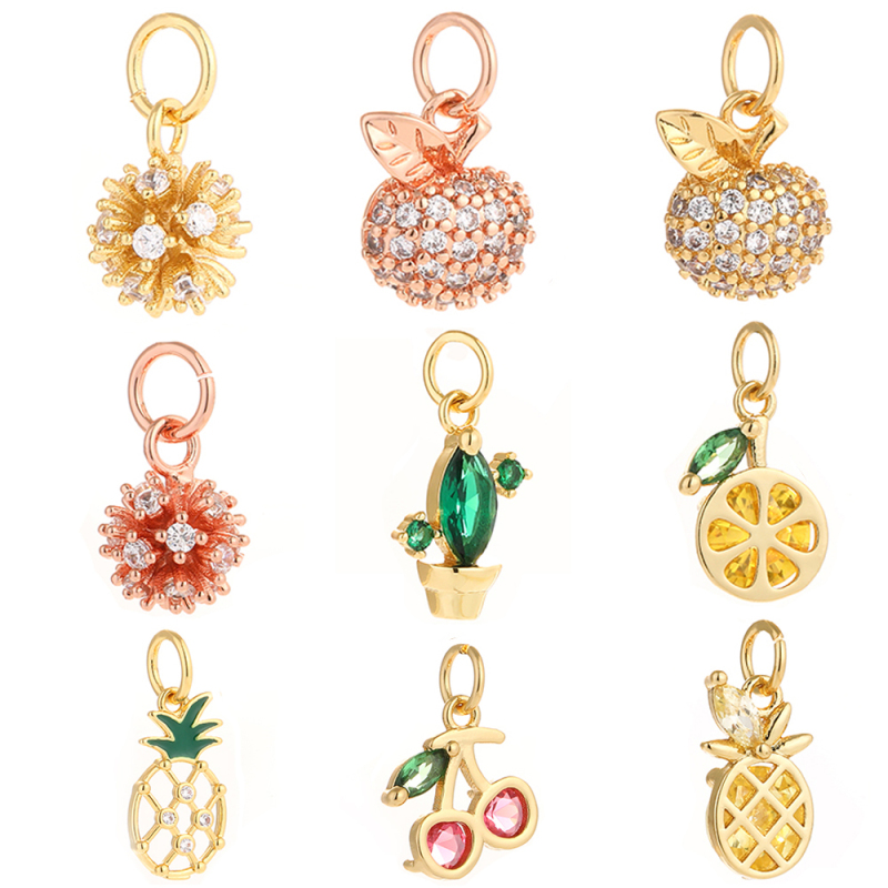 Women cherry Jewelry Making Charms Cute Fruit Shape Diy Pendant 18k Gold Cherry Pine Cactus Zircon Copper Accessories