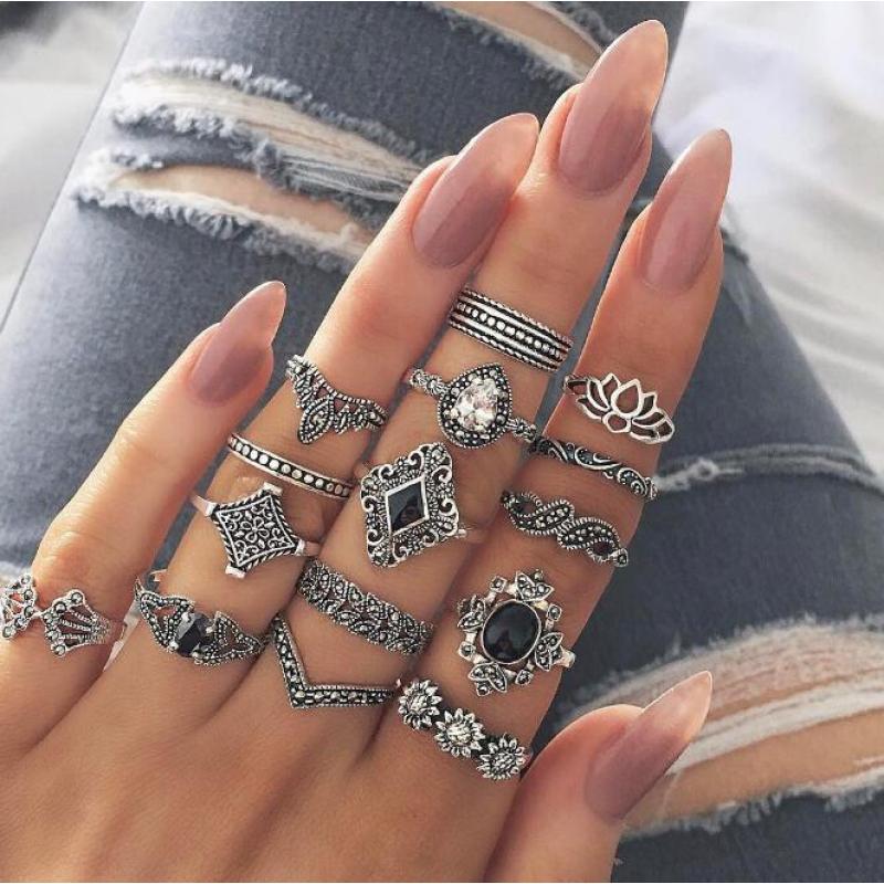 2021 New Arrival Couple Ring Silver Plated  Hip-hop Style Popular Hollow Out Black Lotus Ring Set Retro
