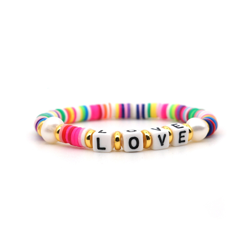 Fashion Handmade Lucky Bohemian Summer Beach  Colorful Polymer Clay Vinyl Heishi Beaded Letter Bracelet
