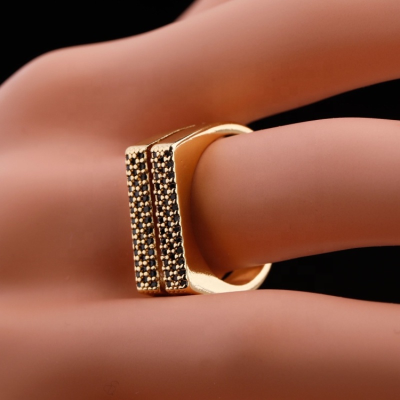 Fashion Jet CZ Micro Pave Gold Plating Adjustable Brass Ring For Women