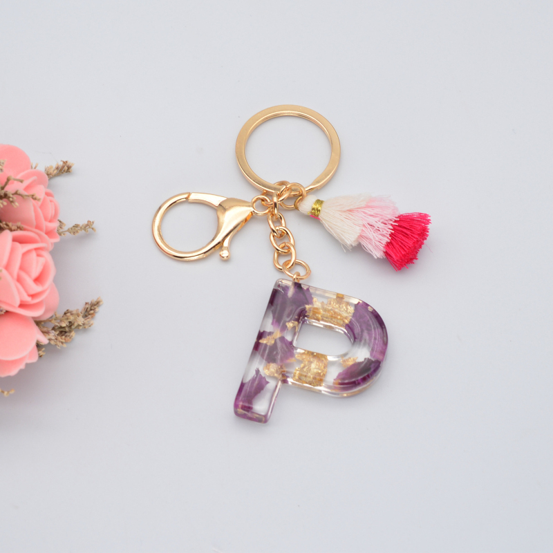 New Arrival Real Purple Rose Flower Handbag Pendant Resin Capital Letter Keychain with Tassel