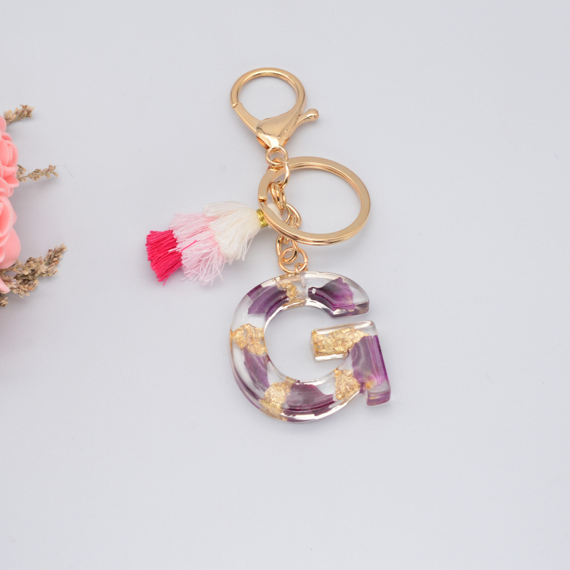 New Arrival Real Purple Rose Flower Handbag Pendant Resin Capital Letter Keychain with Tassel