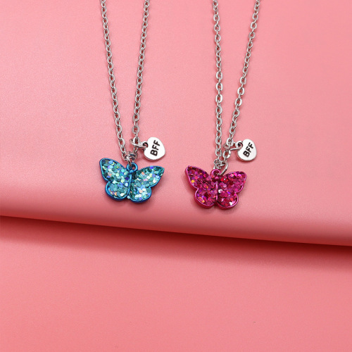 2Pcs/Set Best Friends Forever Couple Gift Jewelry Butterfly Pendant Necklaces Set Chain Necklace
