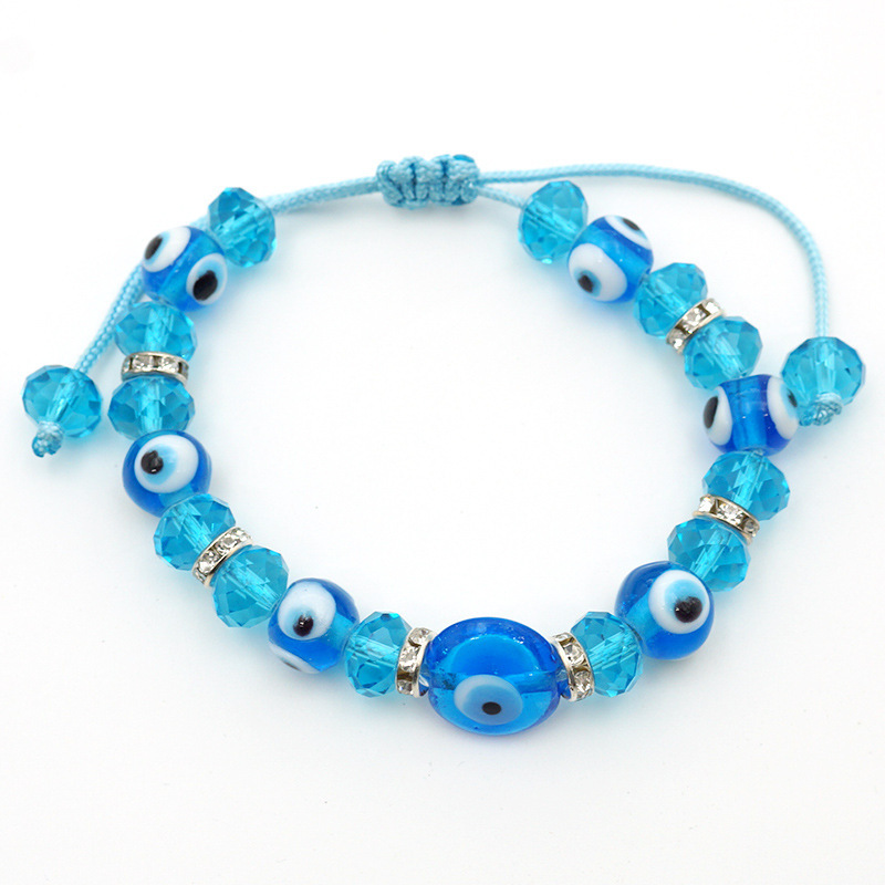 Blue eyes jewelry bangle lake blue glazed crystal beads handmade woven adjustable evil eyes bracelets