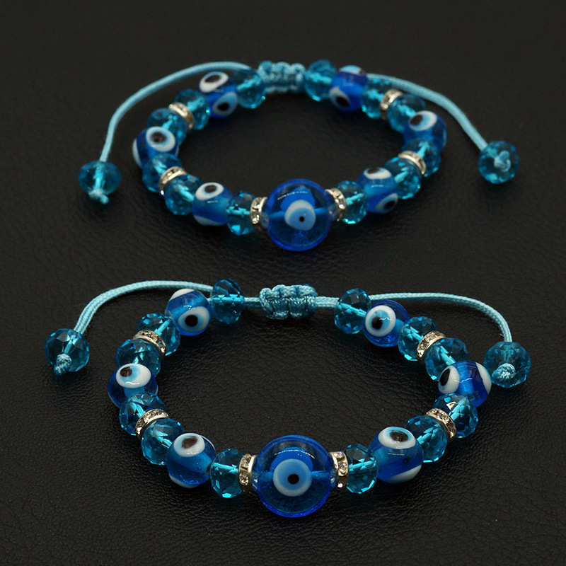 Blue eyes jewelry bangle lake blue glazed crystal beads handmade woven adjustable evil eyes bracelets