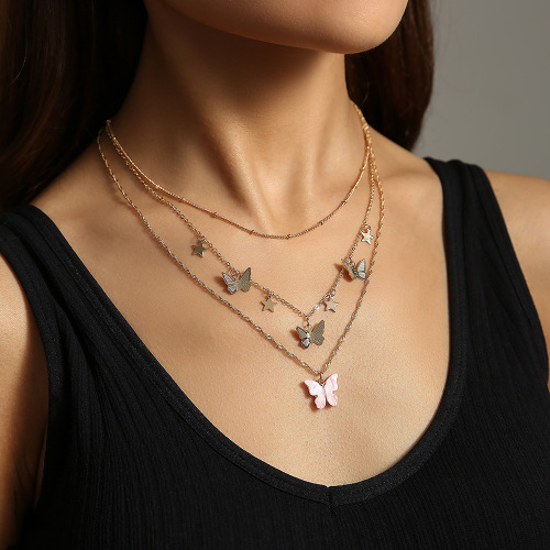 Multi-layer butterfly necklace for women delicate girl simple retro set diamond collarbone chain choker chain