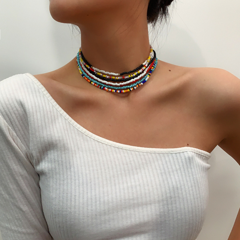 Wholesale Fashion Jewelry Colorful Seed Beads Woven Bohemian Multi Layered Jewelry Necklace for Women
