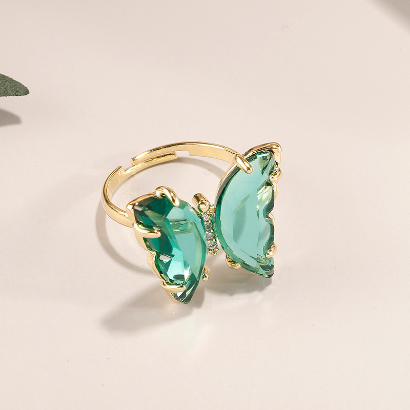 New Trendy Gold Plated Adjustable Brass Crystal Butterfly Ring
