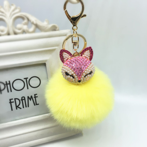 wholesale Fur Puff  Key holder Fox Shape green Pom pom Silver frenchie kids anime  Keychain