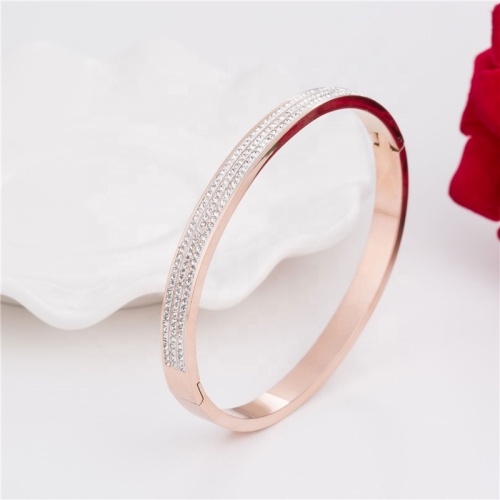 Rose Gold Plated 3 Row CZ Micro Pave Stainless Steel Hand Bangle Bracelet Jewelry