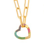 18K Gold Plated Colorful CZ Micro Pave Zirconia Paperclip Chain Oval and Heart Pendant Necklace for Women