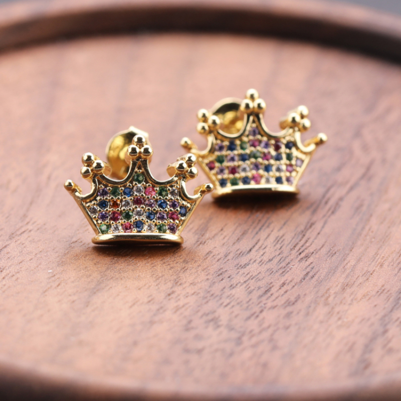 New Handmade Micro Insert Zirconia Gold Brass Crown Stud Earring Jewelry for Women and Girls