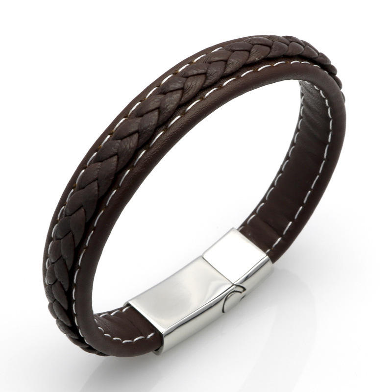 Cool Design Man Woven Black and Brown PU Leather Bracelet Fashion Magnetic Snap Bracelet