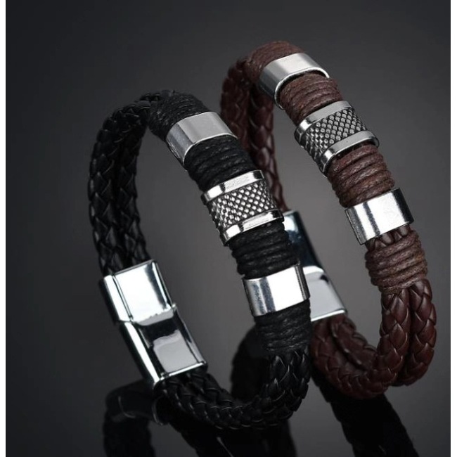 2021 Handmade woven PU exquisite punk leather bangle gift hand jewelry man leather charm bracelet