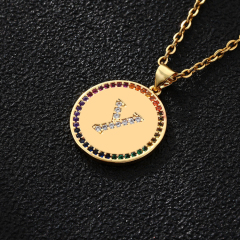 Multi Colors Micro Pave Round Letter Pendant Necklace Stainless Steel Chain Necklace