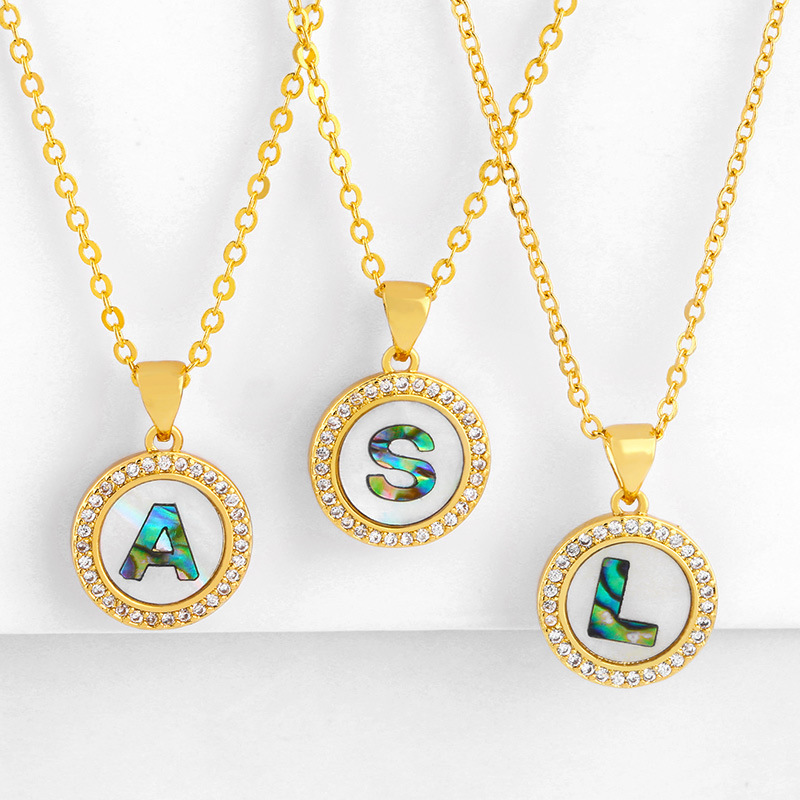 18K Gold Plated Modern Design Valentine Gift 26 Alphabets Letter Round Shell Pendant Necklace