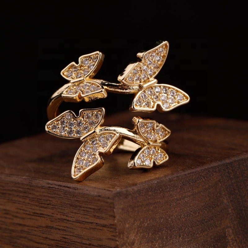 Fashion Jewelry Gold Plated Double Butterflies Puzzle Rings Resizable Copper Zircon Ring For Lady New Arrival 2021