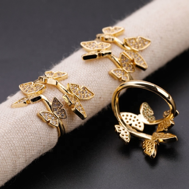 Fashion Jewelry Gold Plated Double Butterflies Puzzle Rings Resizable Copper Zircon Ring For Lady New Arrival 2021