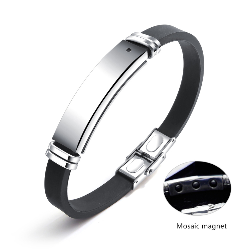 Fashion 316L Stainless Steel Bar Black Silicone Magnet Wristband Bangle Bracelets for Men and Women
