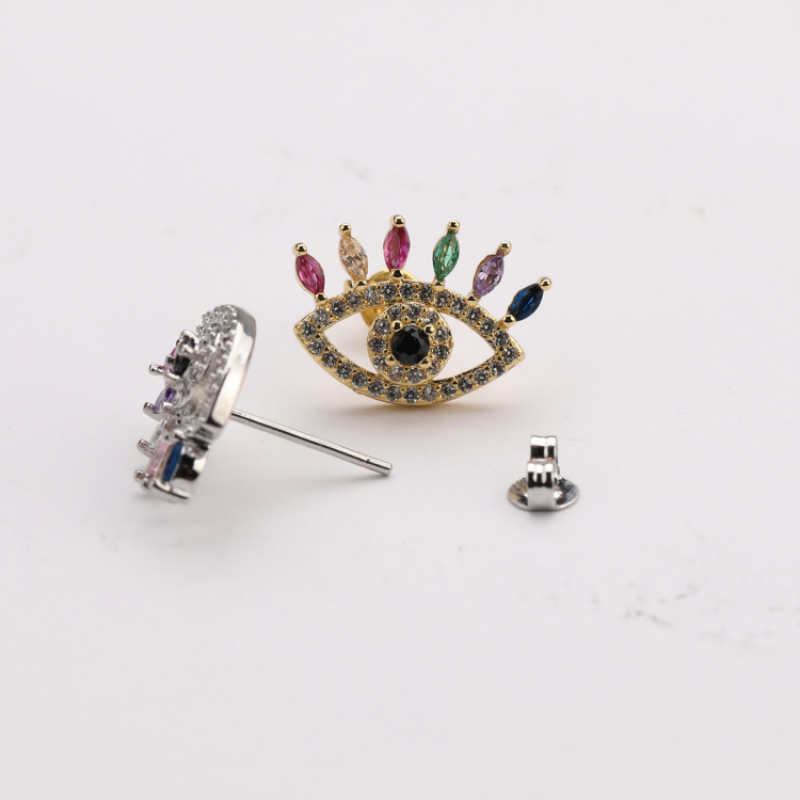 New Handmade Micro Insert Zirconia Gold Brass Lifelike Nazar Boncuk Stud Earring Jewelry for Womens