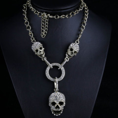 Hiphop crystal chain necklace jewelry triple real gold plated diamond skull pendant Halloween necklace for man