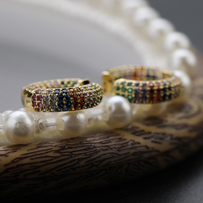 Online Fashion Jewellery 18K Gold Rainbow Cubic Zirconia Huggie Hoop Earrings
