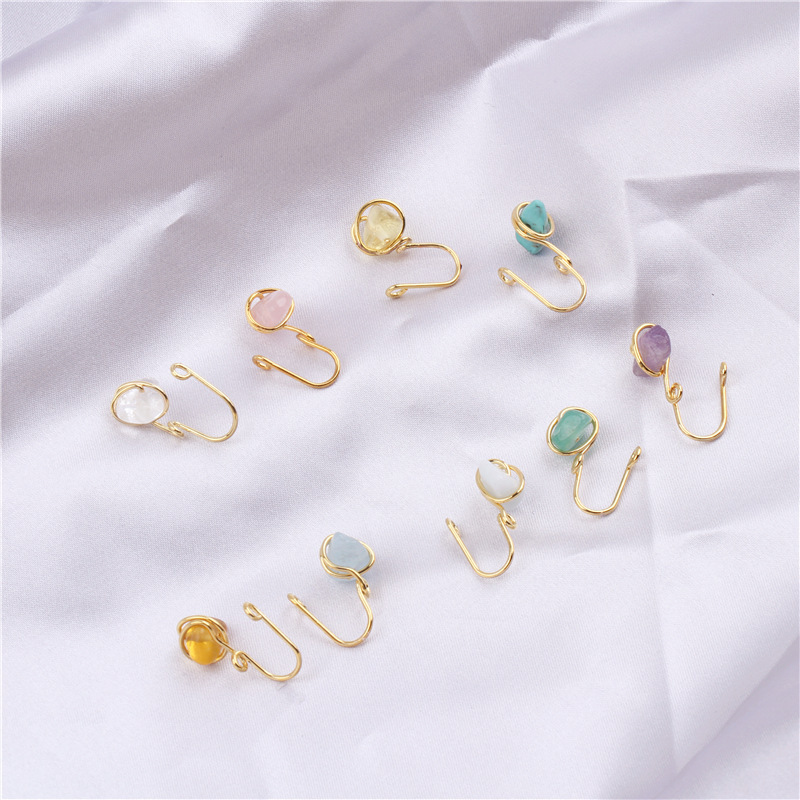 African Face Clip on Fake Nose Rings Jewelry Gold Cubic Gemstone Faux Septum Cartilage Non Piercing Adjustable Wire Nose Cuffs