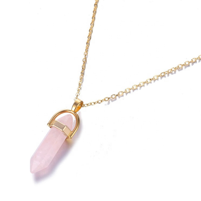 New Style  Pink Natural Stone Bullet Necklace Hexagonal Necklace For Jewelry Making