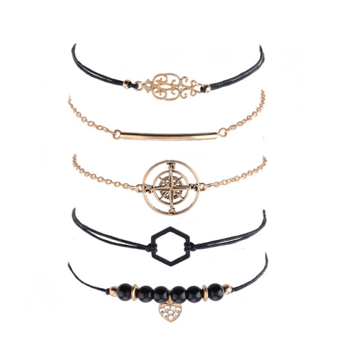 Custom 5 Pcs/Set Hot Sale Handmade Fashion Gold Plated Black Rope Women Jewelry Charm Wristband Chains Bracelet Set