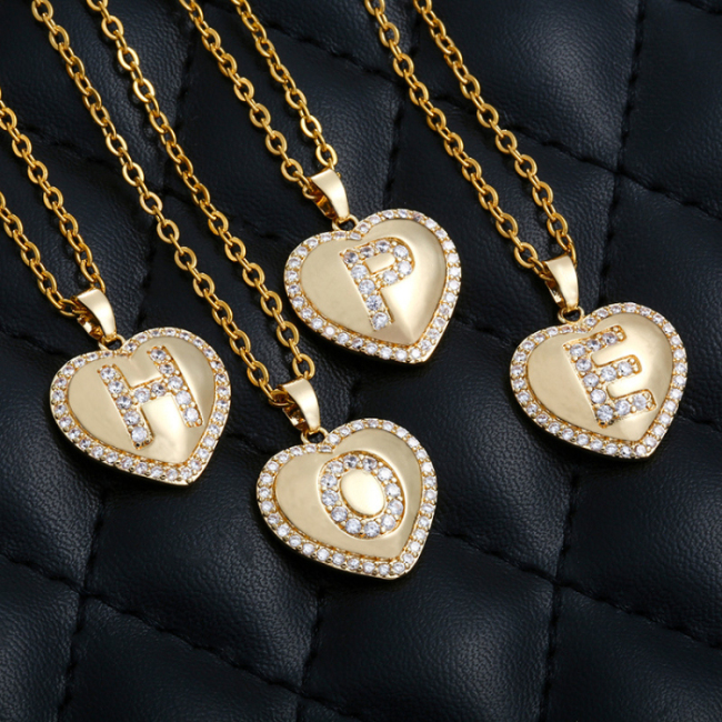 Handmade 18K Gold Plated Heart Shape Necklace CZ Micro Pave Letter Necklace