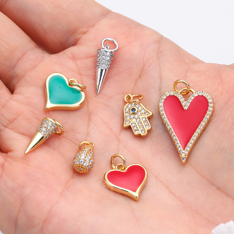 Wholesale New Design Filled Eyes Hand Spike Charm 18k Gold Drip Oil Heart Earring Beads Zircon Accessories Plating Jewelry