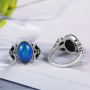 Oval Mood Stone Beads Ring Silver Plated Engraved Metal Gemstone Rings Changing Color Glass Women