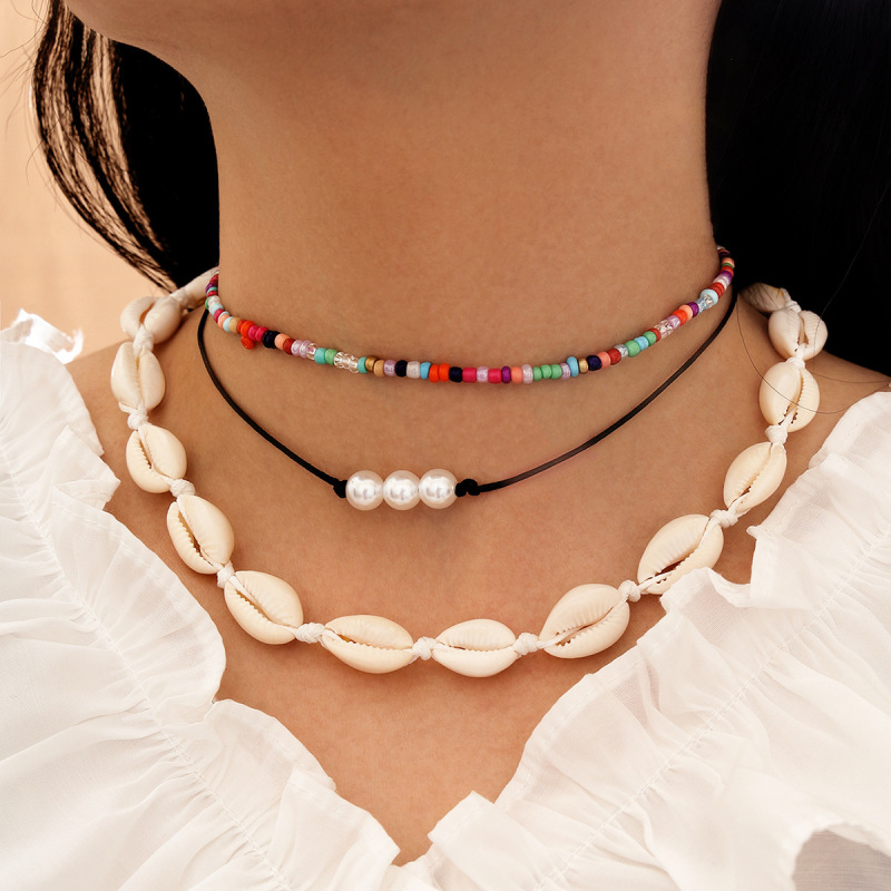 Bohemia natural freshwater pearl necklace jewelry fashion summer seed beads chain shell layered for women