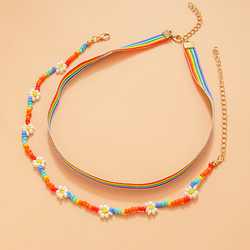 2pcs Flower Decor Rainbow Choker Colorful Ribbon Seed Beads Beaded Necklace Set