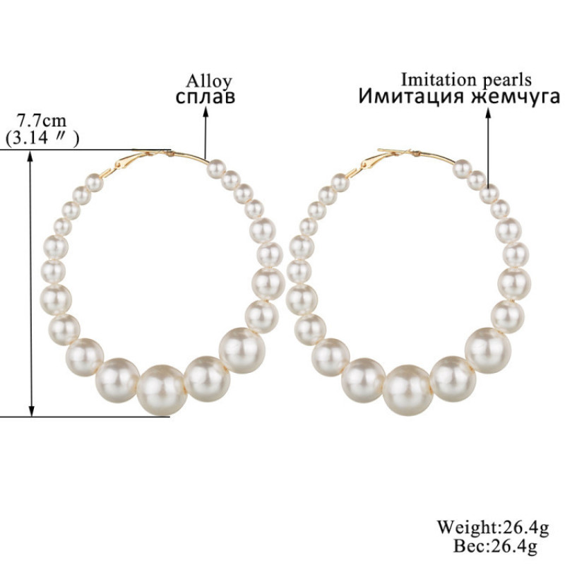 Vintage Style Personality Hip Hop Exaggerated Over Sized Artificial Pearls Hoop Earrings for Women