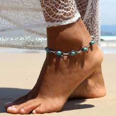 Simple And Versatile Ethnic Style Metal Foot Chain Oval Turquoise Charm Link Chain Anklet For Women