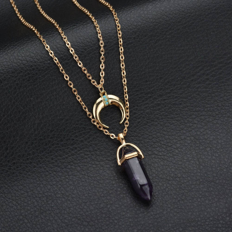New Fancy Double Layered Gold Chain 6 Colors Stones Pendant Necklace Moon and Gemstone Charm Jewelry Necklace Custom Factory