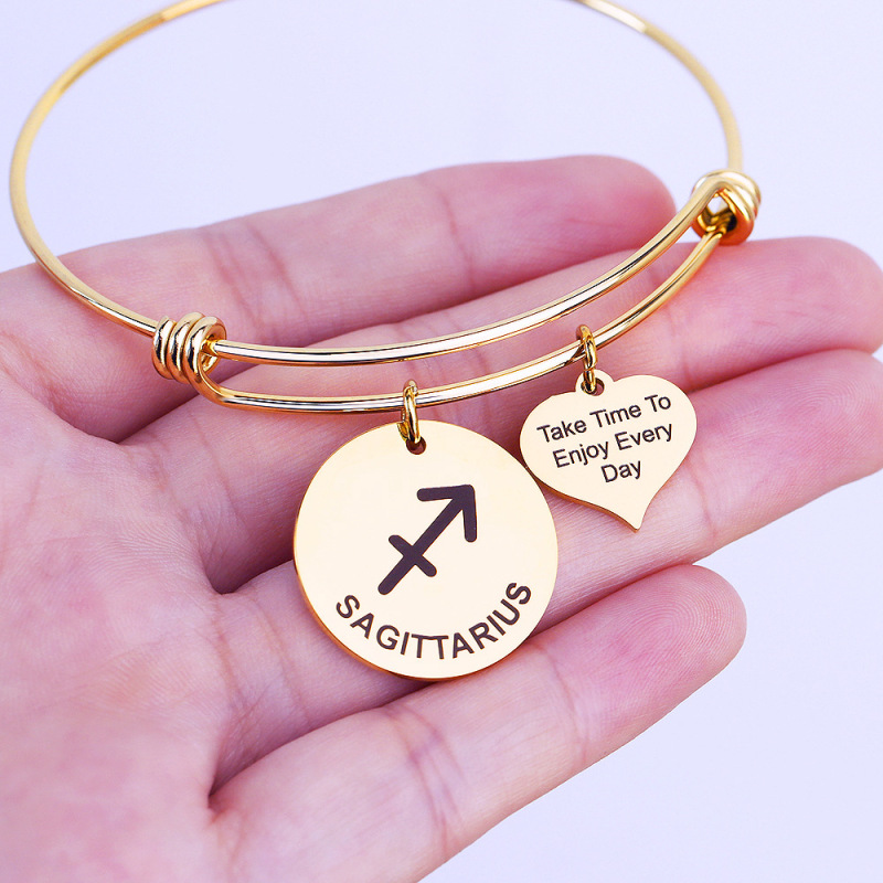 Handmade Gold Plated Stainless Steel Astrology Bangle with Round Heart Charm