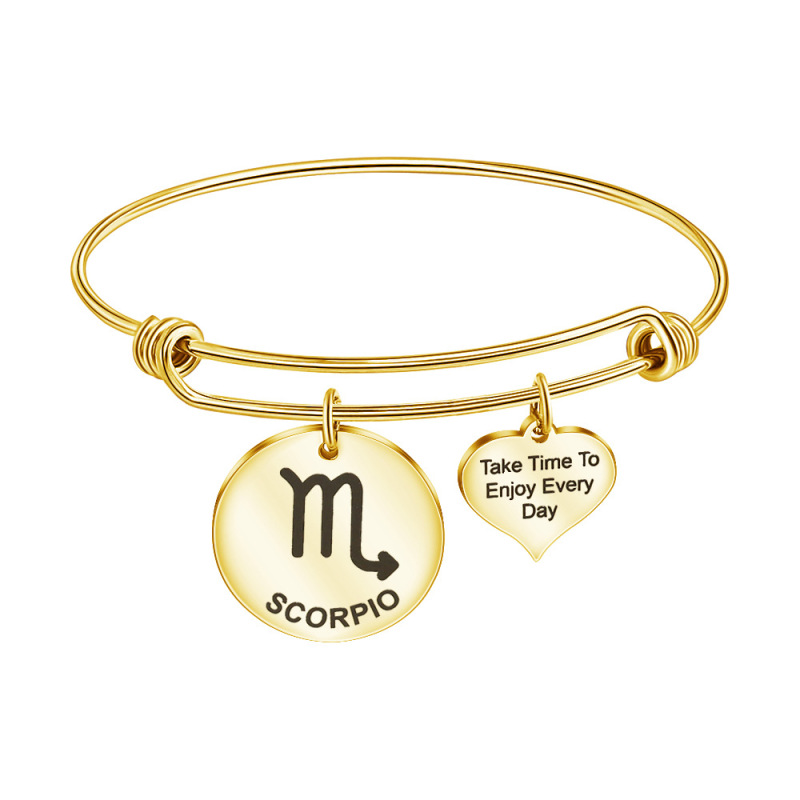 Handmade Gold Plated Stainless Steel Astrology Bangle with Round Heart Charm