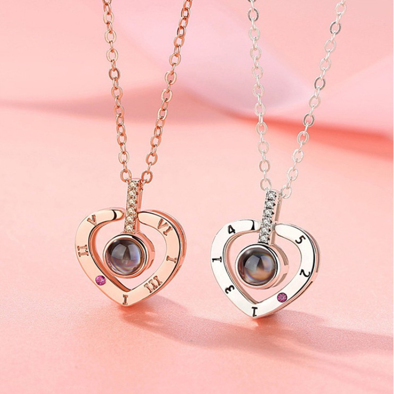 Rose Gold Plated 100 Languages I Love You Projection Crystal Heart Romantic Jewelry Chain Pendant Necklace for Women Gift