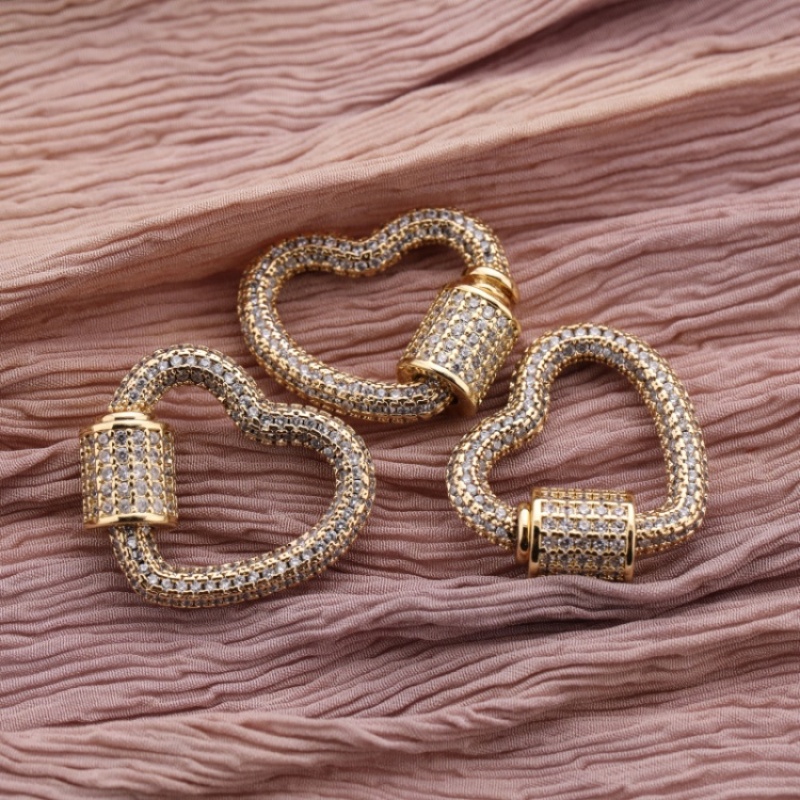 Wholesale Custom Women Fashion Gold Plated Zircon Copper Heart Carabiner DIY Jewelry Accessory for Bracelet Necklace Making